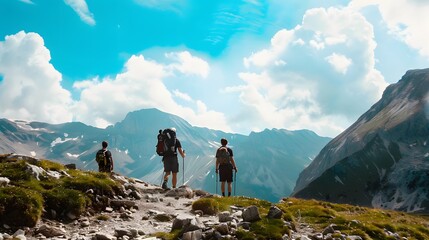 Obraz premium Three hikers stand on a mountain trail, taking in the view.