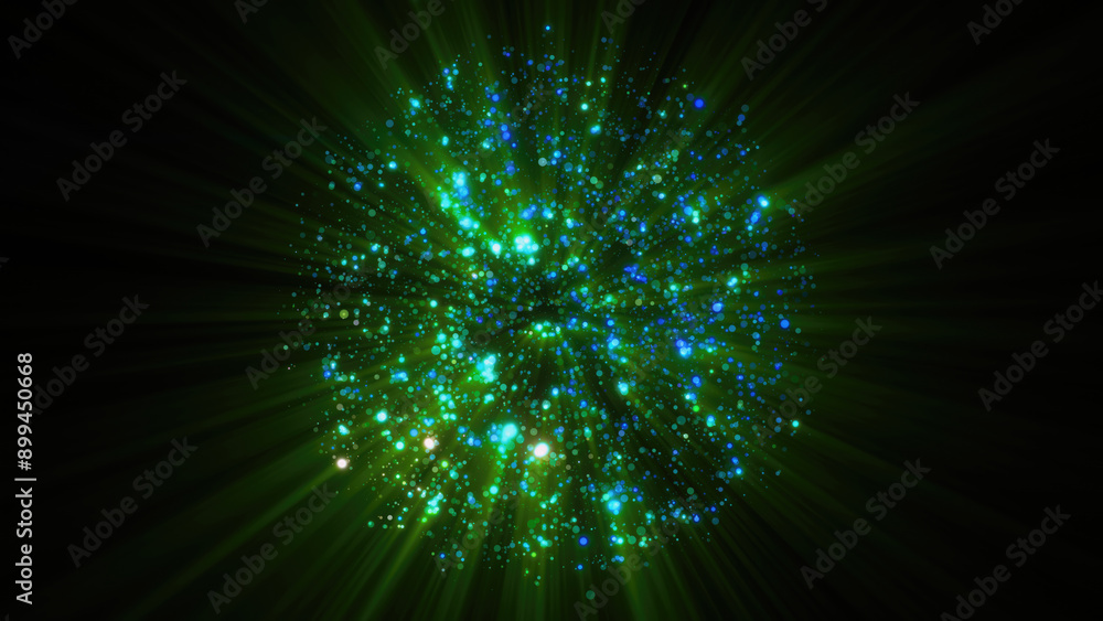 Poster abstract green glowing energy sphere molecule nucleus atom round background with flying blurred dots