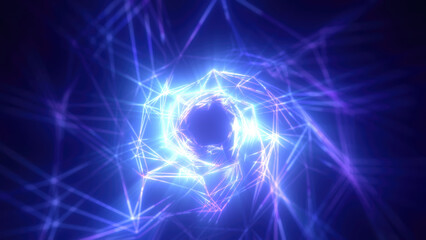 Abstract bright blue glowing background with a tunnel of lines and stripes of energy of burning rays of plasma and electricity with light