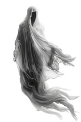 Ghostly figure draped in flowing robes, floating against a white background