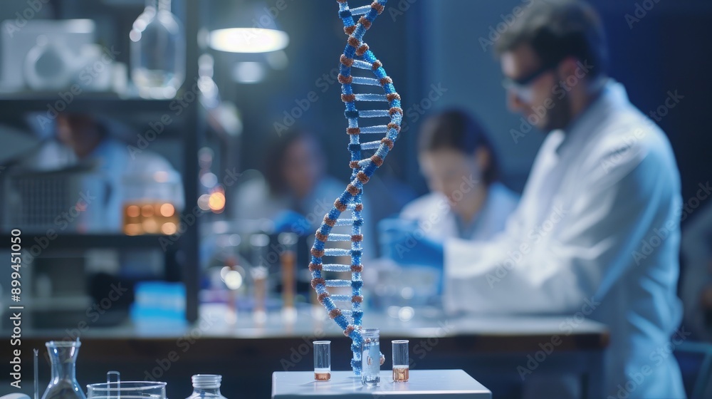Poster dna model with scientists working in the background