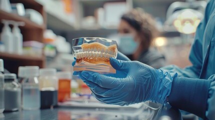 Obraz premium Dental technician holding a dental mold with gloved hands in a laboratory setting, highlighting dental technology and precision.