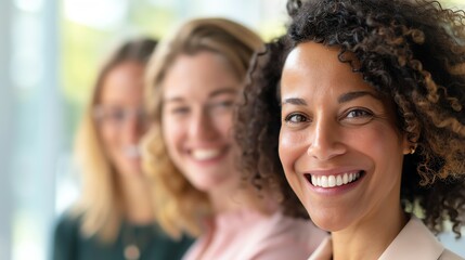 Obraz premium Smiling woman in a professional setting, embodying confidence and teamwork, surrounded by supportive colleagues in a bright environment.