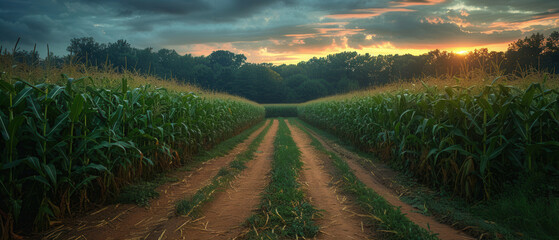 Obraz premium Scenic Sunset Over a Lush Cornfield with a Dirt Pathway Leading into the Horizon, Perfect for Agriculture and Rural Landscape Photography