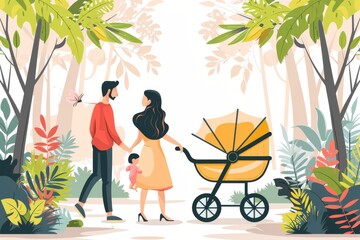 Obraz premium Family outing with a stroller symbolizing love connection and outdoor fun