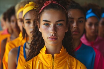 Fototapeta premium Group of focused young women in vibrant sports attire, showcasing diversity and unity in athleticism. Perfect for fitness and empowerment themes.