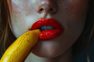 Close-up of a woman's face, showcasing vibrant red lips with a playful banana, blending eroticism and whimsy in modern art photography.