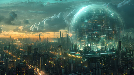 Futuristic Cityscape with Dome Structure at Sunset Advanced Urbanization