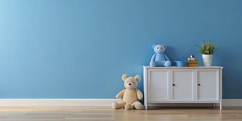 Cornflower blue empty wall mock up with a small cabinet and cuddly toys, decor, interior design, home decor, wall decor