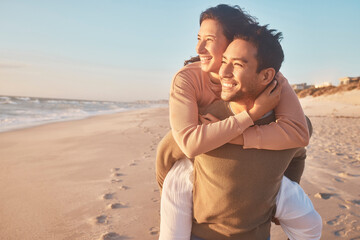 Love, travel and couple with piggyback at beach for affection, relationship or weekend getaway....