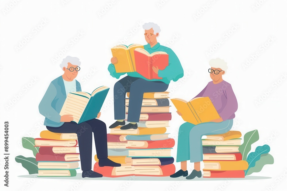 Aufkleber three elderly individuals study foreign languages together, surrounded by stacks of textbooks and di