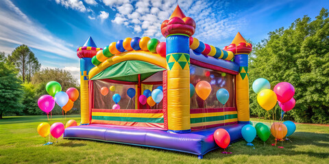 Obraz premium Colorful inflatable bounce house with bright balloons and streamers, awaiting excited kids to jump, play and laugh, filled with joyful childhood memories.