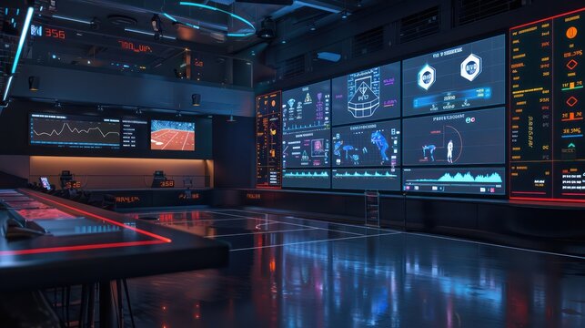 high-tech sports analysis studio with live game data and player performance metrics on a large interactive board