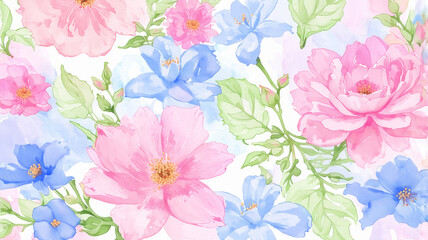 Obraz premium Beautiful Watercolor Floral Background with Pink, Blue, and Green Flowers and Leaves