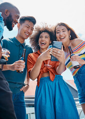 Smartphone, friends and portrait of group on vacation, laughing together with meme on weekend trip. Smile, happy and multiracial people browse internet for holiday, adventure or web app in town