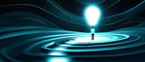 A lone figure stands on radiant waves, illuminated by a glowing orb, symbolizing exploration, reflection, and the journey of life.