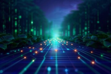 Obraz premium A mesmerizing digital landscape with glowing lines and vibrant lights, evoking a sense of mystery and technology in nature.