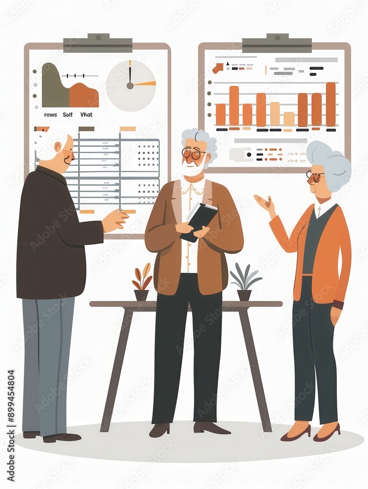 Poster three elderly individuals collaborate and discuss data insights while standing around a table in a c