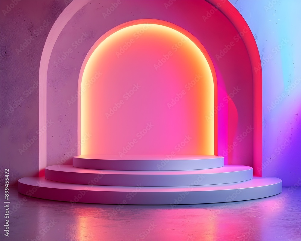 Poster minimalist neon arch backdrop for sleek product showcasing and branding concepts