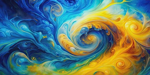 Vibrant abstract painting with swirling blue and yellow colors, abstract, painting, vibrant, swirl, blue, yellow, colors