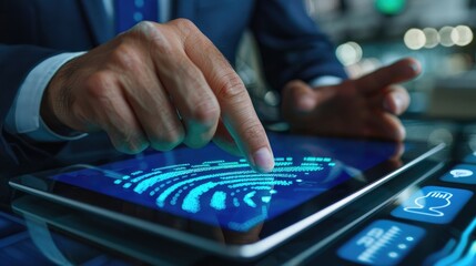 Fototapeta premium Businessman accessing secure data with fingerprint recognition on a tablet