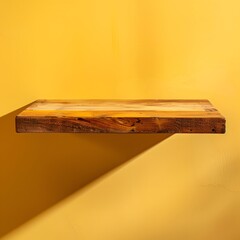 Front perspective of a wooden floating shelf against a warm mustard yellow backdrop, emphasizing rustic product presentation. Shot with a Sony A7S III and a 50mm prime lens, using warm sunlight to