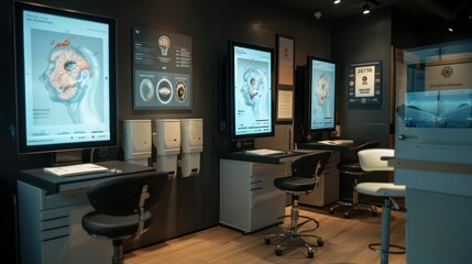 high-tech tattoo studio with virtual design previews and skin compatibility tests displayed on digital panels