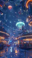 Futuristic Amusement Park at Night with Dazzling Neon Lights