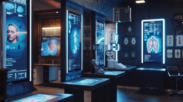 high-tech tattoo studio with virtual design previews and skin compatibility tests displayed on digital panels