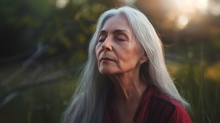 Naklejka premium A serene portrait of an older woman with long silver hair, her face calm and composed.