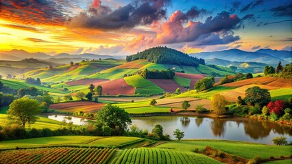 Fototapeta premium Beautiful of a peaceful countryside landscape with vibrant and colorful scenery, nature, peaceful,landscape, countryside