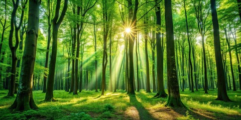 Obraz premium A lush green forest with tall trees and dappled sunlight filtering through the leaves, nature, woods, trees