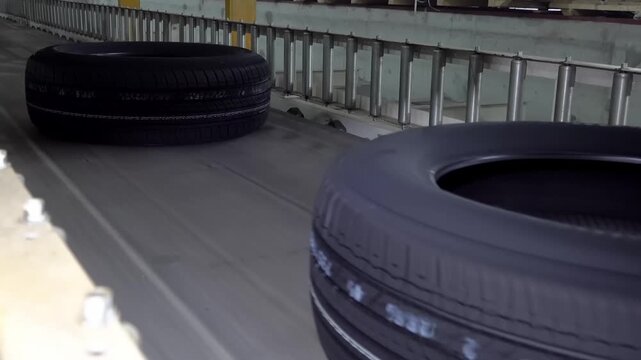 Conveyor belt with finished tires in the factory. Tire moves on the conveyor to the sorting warehouse.