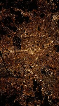 Paris France city night lights flying satellite view, vertical video animation based on Nasa images
