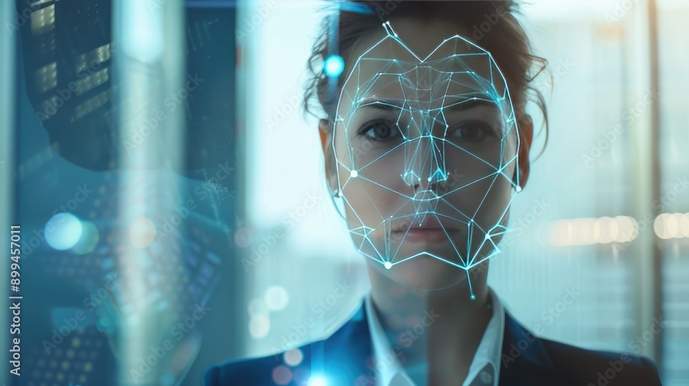 Poster businesswoman accessing a secure network using a facial recognition system