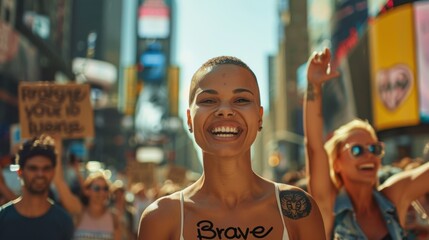 Obraz premium The smiling activist in crowd