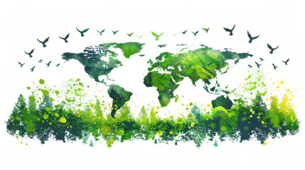 Artistic illustration of the world map filled with green foliage, surrounded by trees and flying birds symbolizing nature.