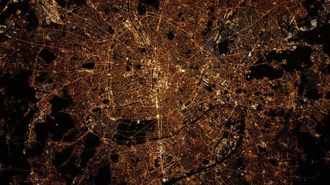 Paris France city night lights flying satellite view, animation based on Nasa images
