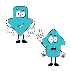 Vector characters with blue up and down arrows on a transparent background, pointing directions with fingers and hands