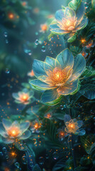 Enchanting Close-Up of Glowing Flowers in a Mystical Garden with Dew Drops and Magical Atmosphere. Phone theme, phone wallpaper, backgrounds