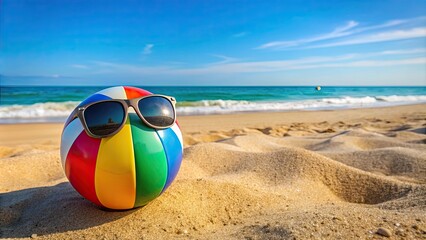 Colorful beach ball with sunglasses on sandy beach by the sea, beach, ball, sunglasses, colorful, sand, sea, summer