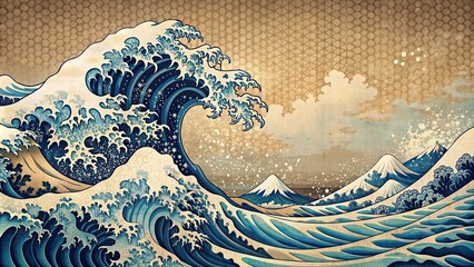 Abstract Japanese wave in a modern style with a vintage twist, Japanese, wave, art, modern, vintage, pattern,abstract, design