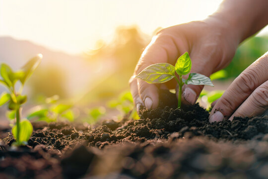 A close-up of hands planting a small tree sapling 
