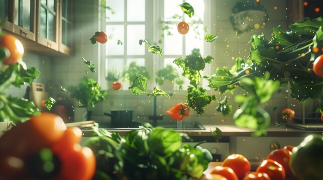 Whimsical vegetables and greens floating from a tablet screen, set in a softly lit kitchen environment, with a playful and imaginative artistic approach