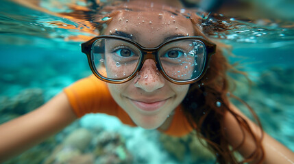 Naklejka premium person snorkeling in the sea with eyewear; a funny girl swimming underwater with glasses. Concept of summer diving and vacation