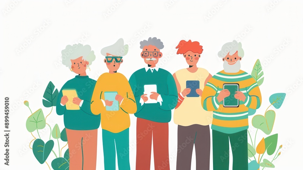 Poster a group of elderly individuals interact with digital devices, showcasing their engagement in technol