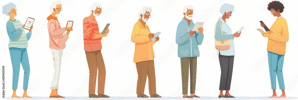 Poster a diverse group of elderly individuals interacts with various devices, showcasing their engagement w