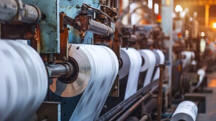 A roll of paper being printed on a machine. The rolls of paper are stacked on top of each other, and the machine is in the background