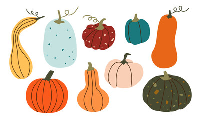 Cartoon pumpkins, Halloween squash, fall harvest gourds. Autumn set of hand drawn cute and cozy design elements. Fall, Thanksgiving Day, Autumn season.