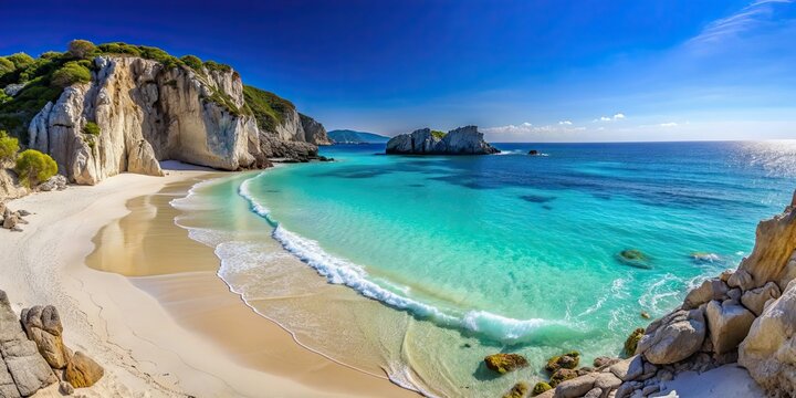 Beautiful beach head with clear blue water, white sand, and rugged cliffs , Arniston, South Africa, coastline, ocean